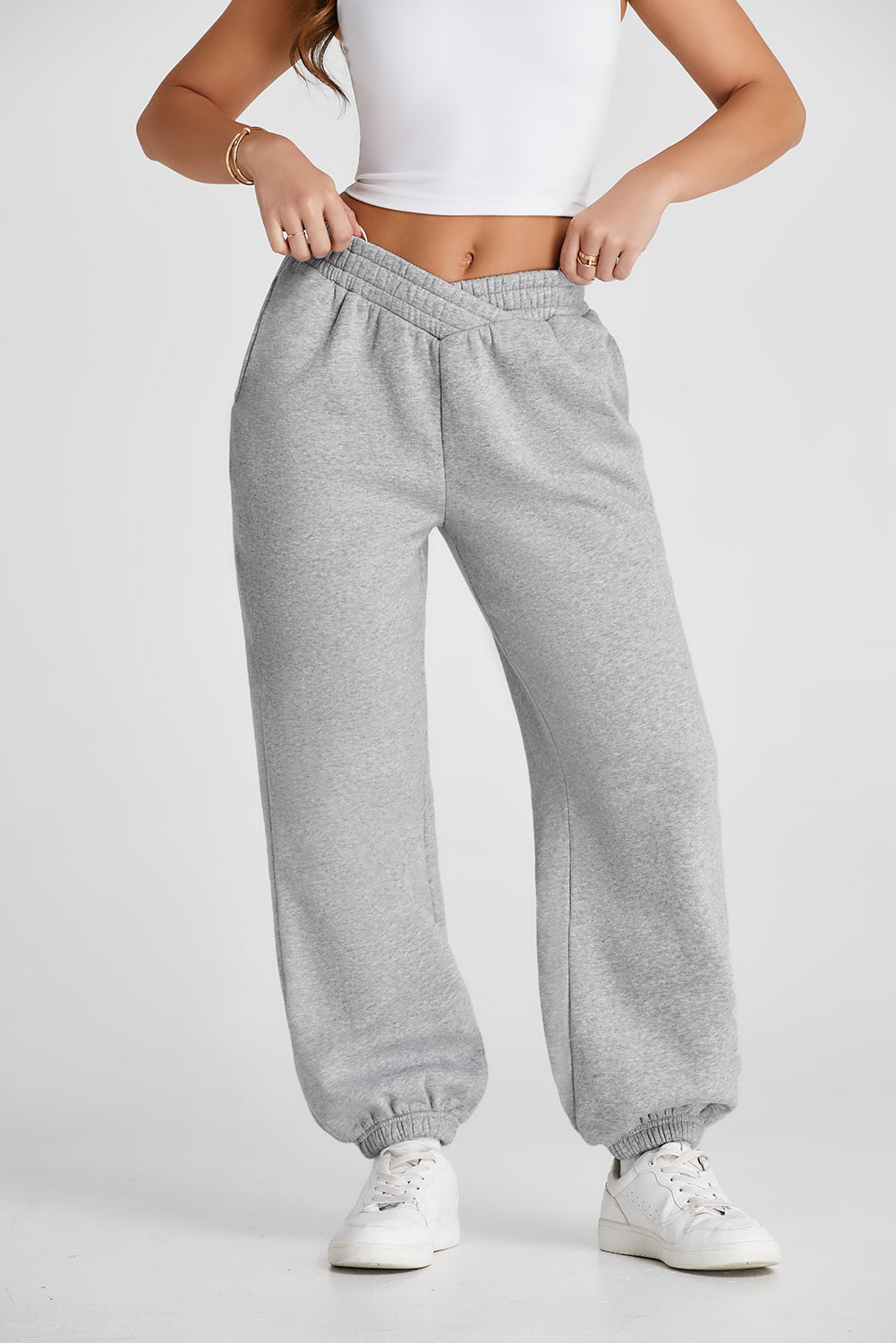 Light Grey Solid Color Crisscross Elastic Waist Sweatpants 🇺🇸