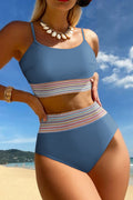 Dusk Blue Colorful Stitch Border Detail 2pcs High Waist Bikini Swimsuit 🇺🇸