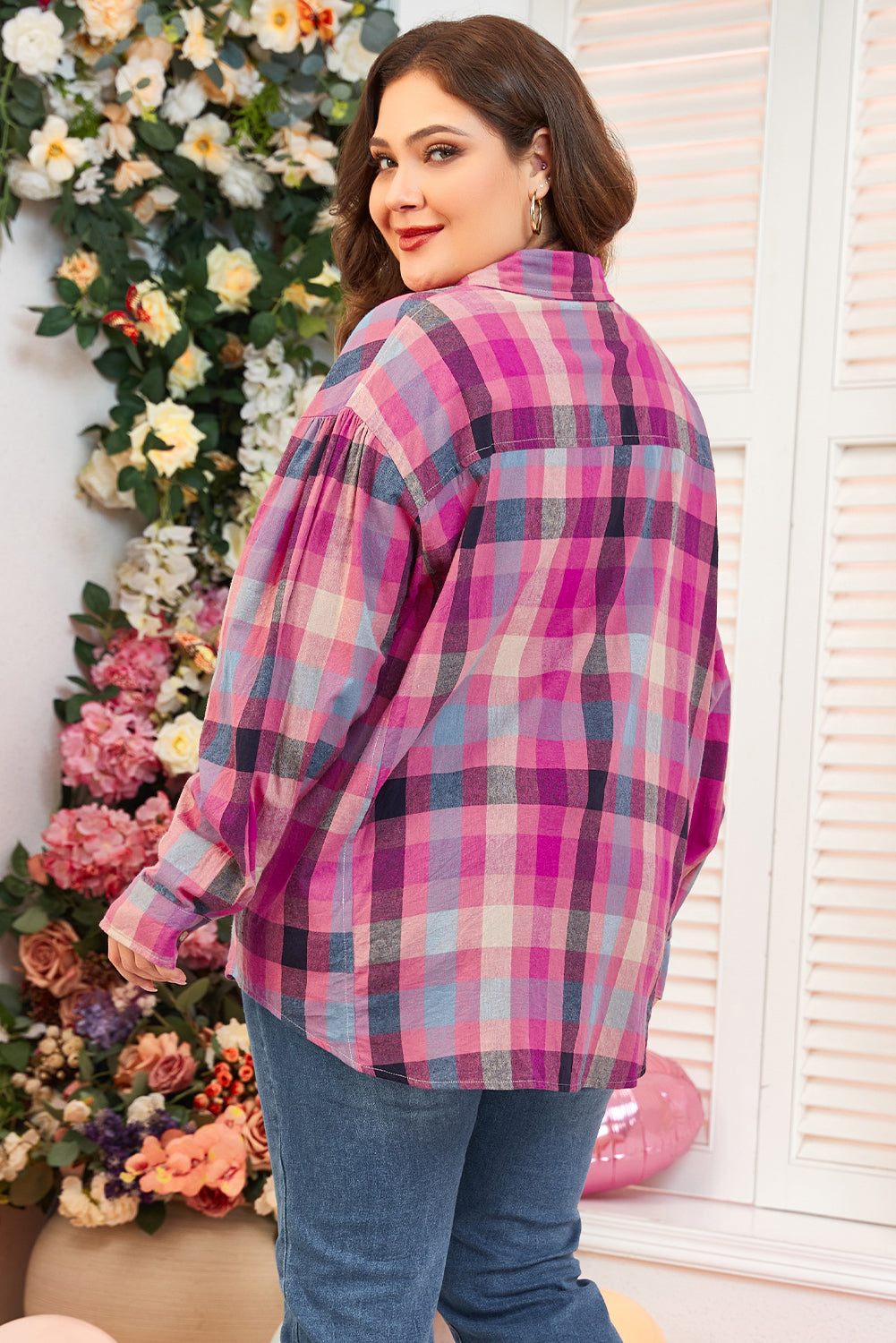 Rose Stripe Plus Size Checkered Print Button up Shirt 🇨🇳