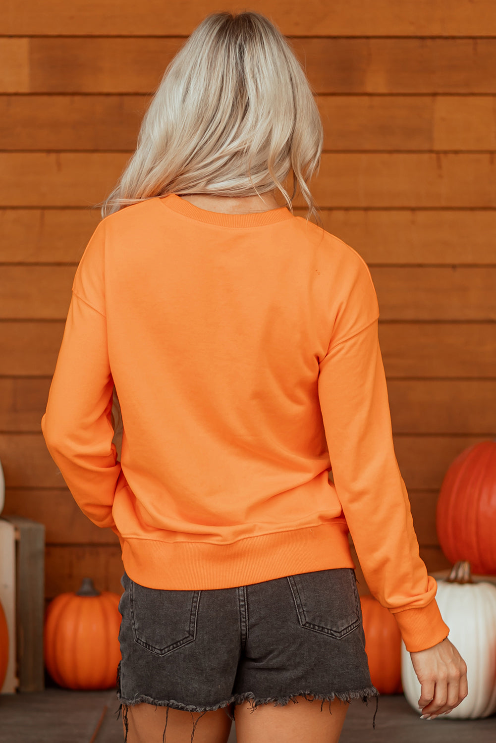 Grapefruit Orange Spooky Graphic Halloween Crew Neck Holiday Sweatshirt 🇺🇸