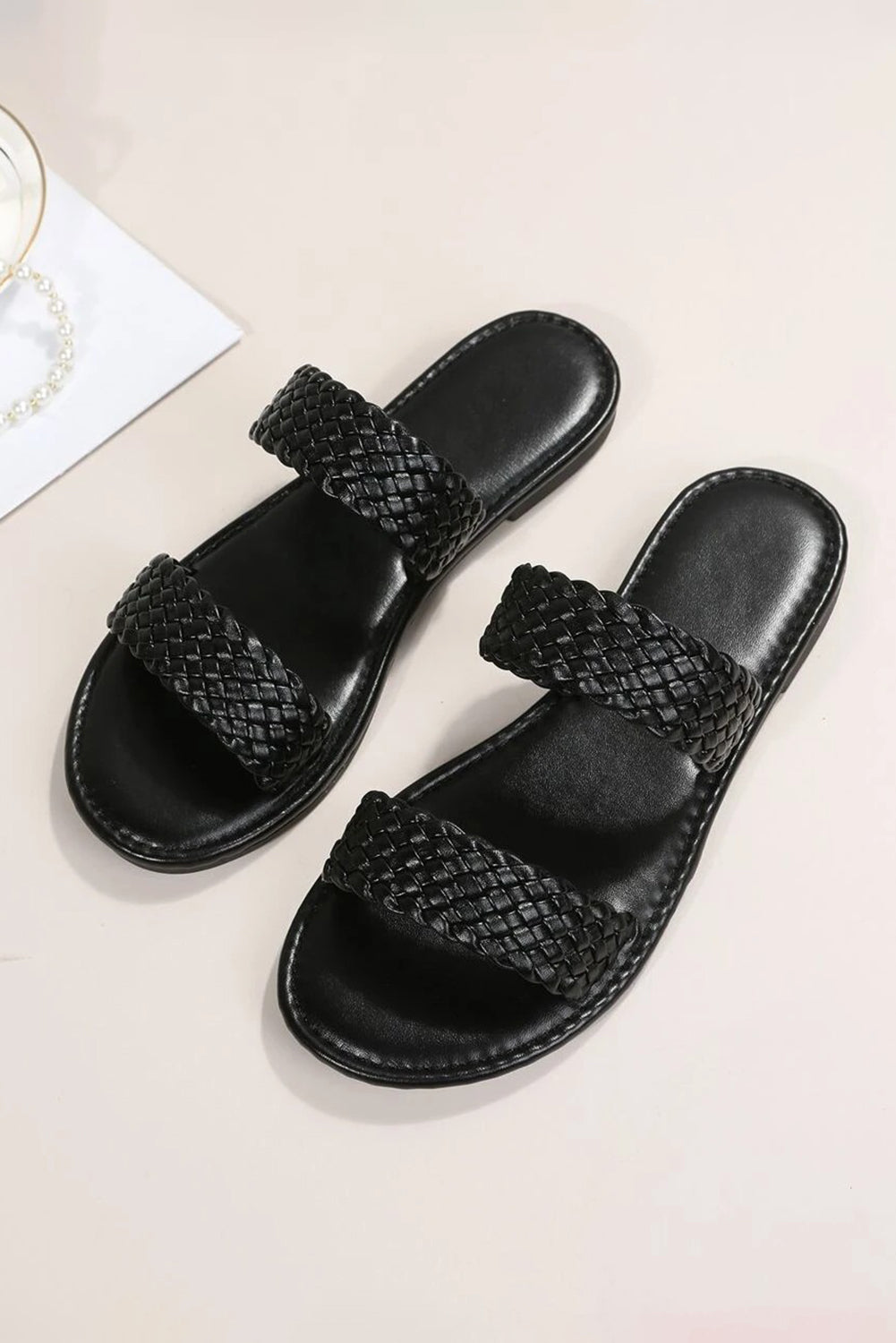 Black Braided Double Band Leathered Flat Slippers 🇨🇳