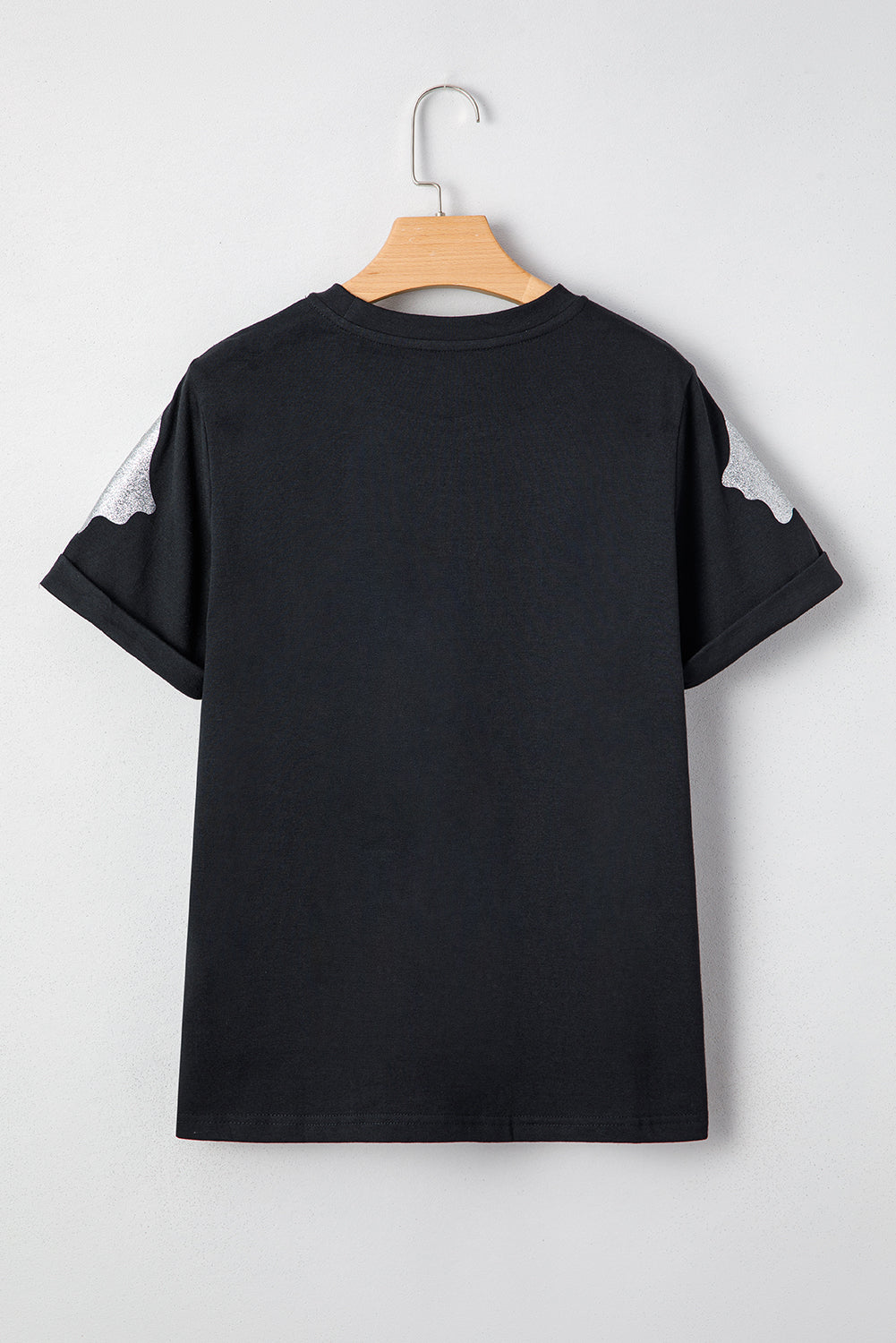 Black Glitter Ghost Pattern Crew Neck Halloween T Shirt 🇺🇸