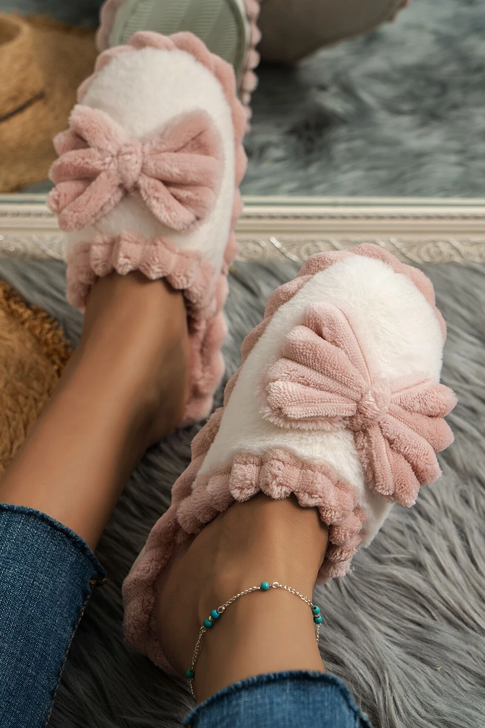 Fushia Bow Decor Color Block Ribbed Plush Slippers 🇨🇳
