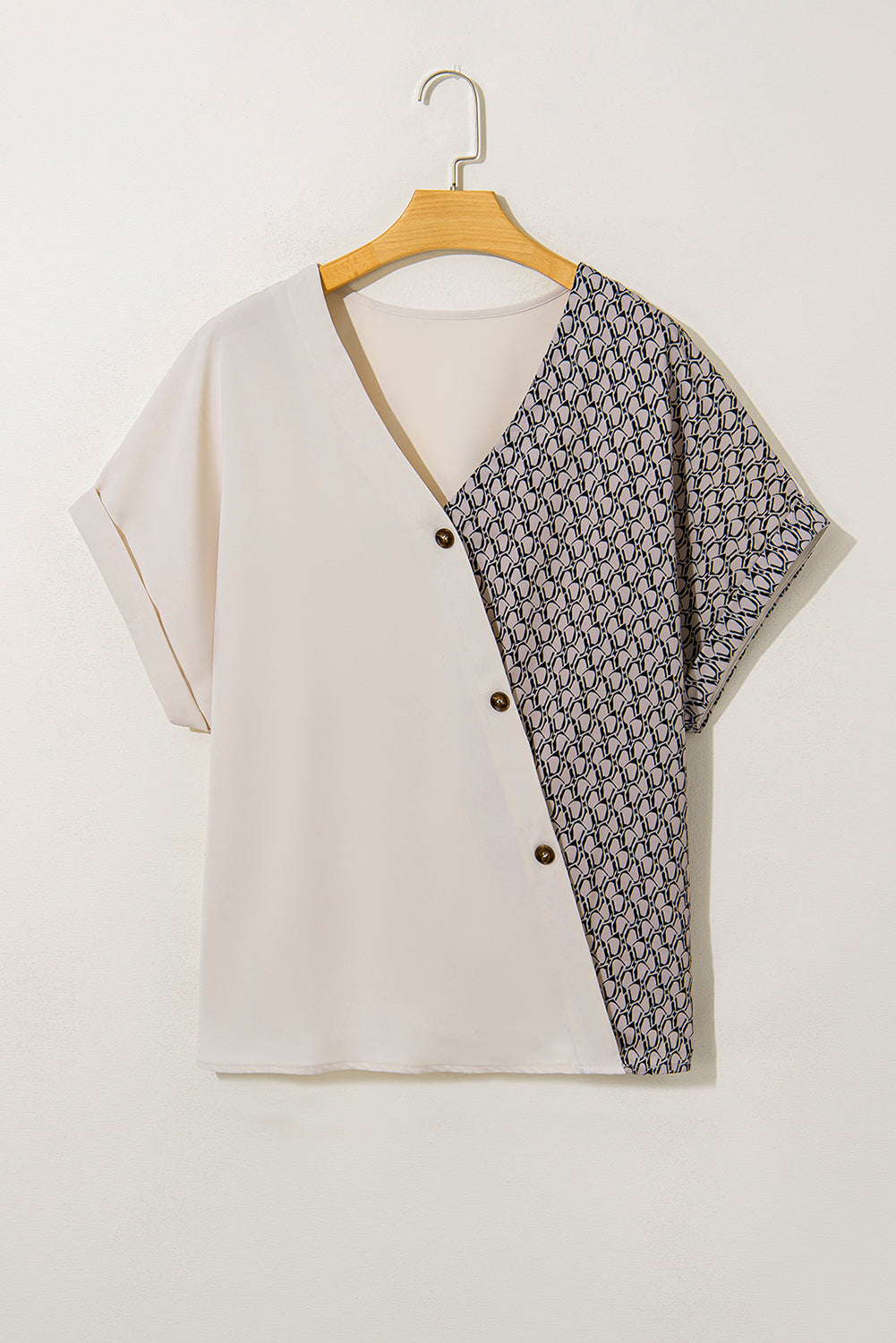 Oatmeal Contrast Geometric Print Patchwork V Neck Short Sleeve Plus Size Top 🇺🇲