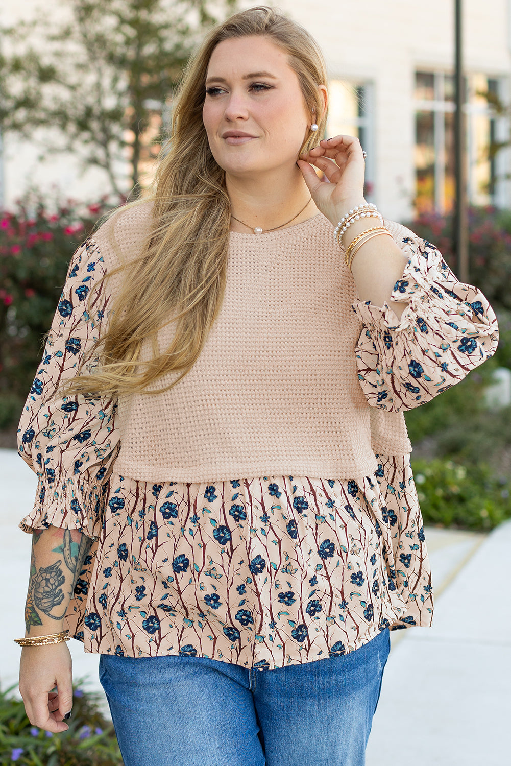 Beige Faux Two Piece Knit Patchwork Floral Print Plus Size Top 🇨🇳