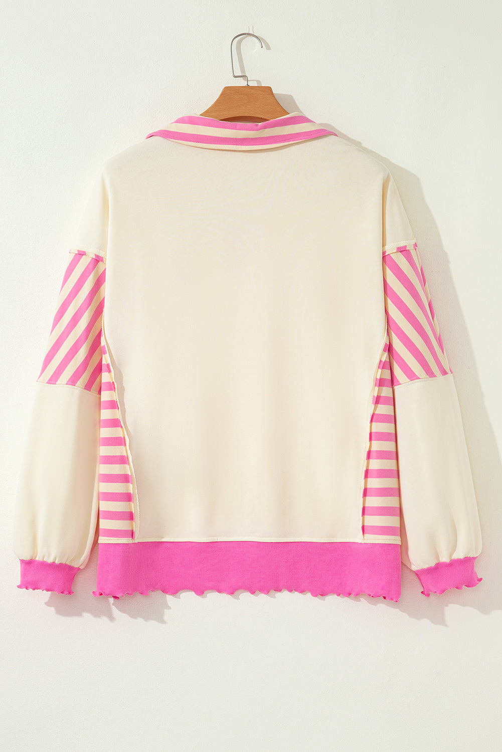 Pink Stripe Contrast Polo Collar Drop Shoulder Patchwork Plus Size Pullover 🇺🇸