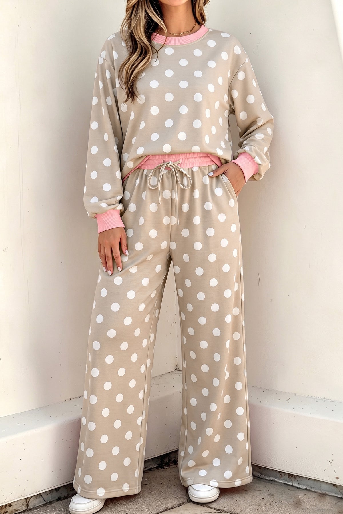 Sky Blue Polka Dot Contrast Trim Long Sleeve Top Drawstring Shift Pants Set 🇺🇸