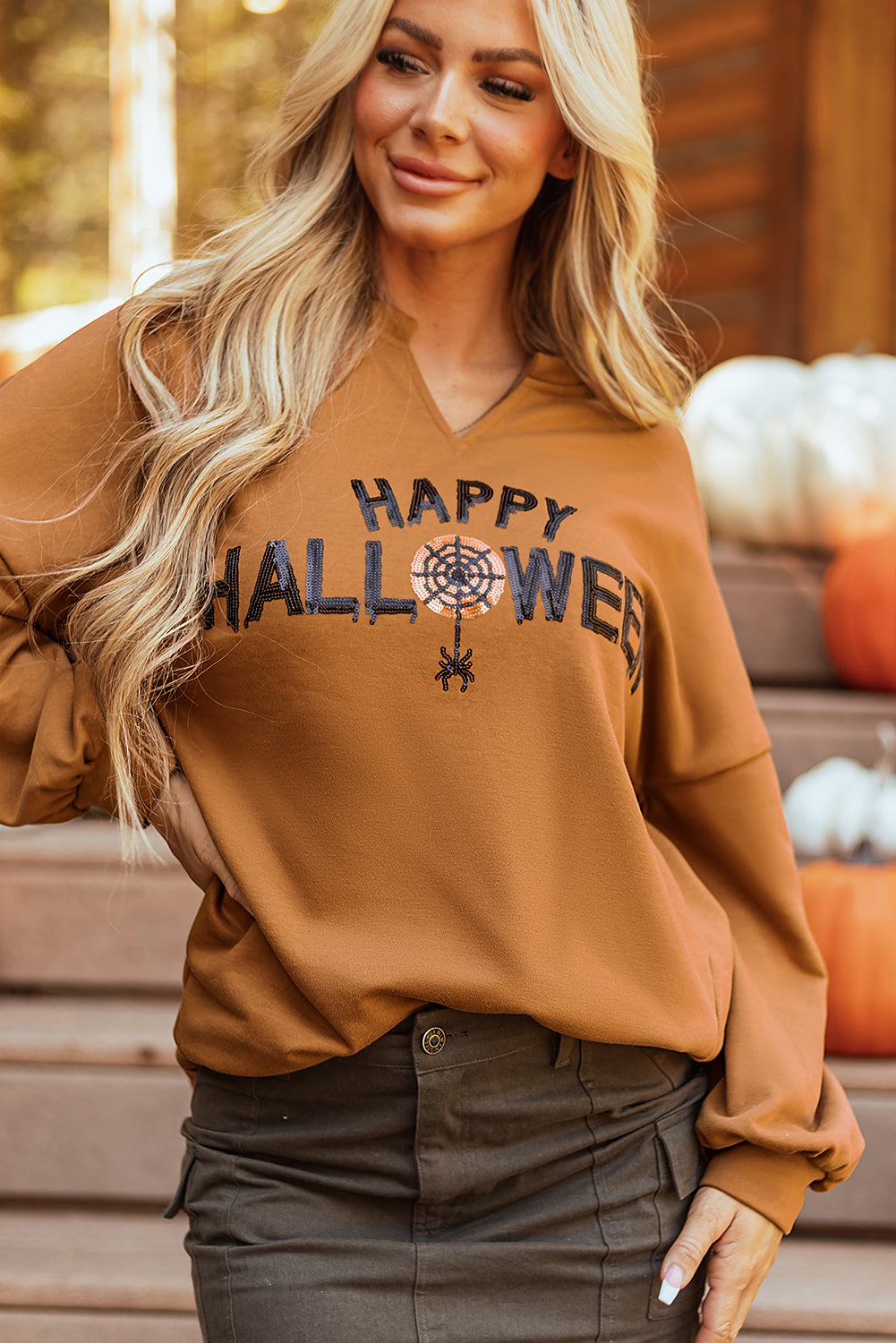 Chestnut Sequin Happy Halloween Graphic Notched Neck Long Sleeve Loose Top 🇺🇸