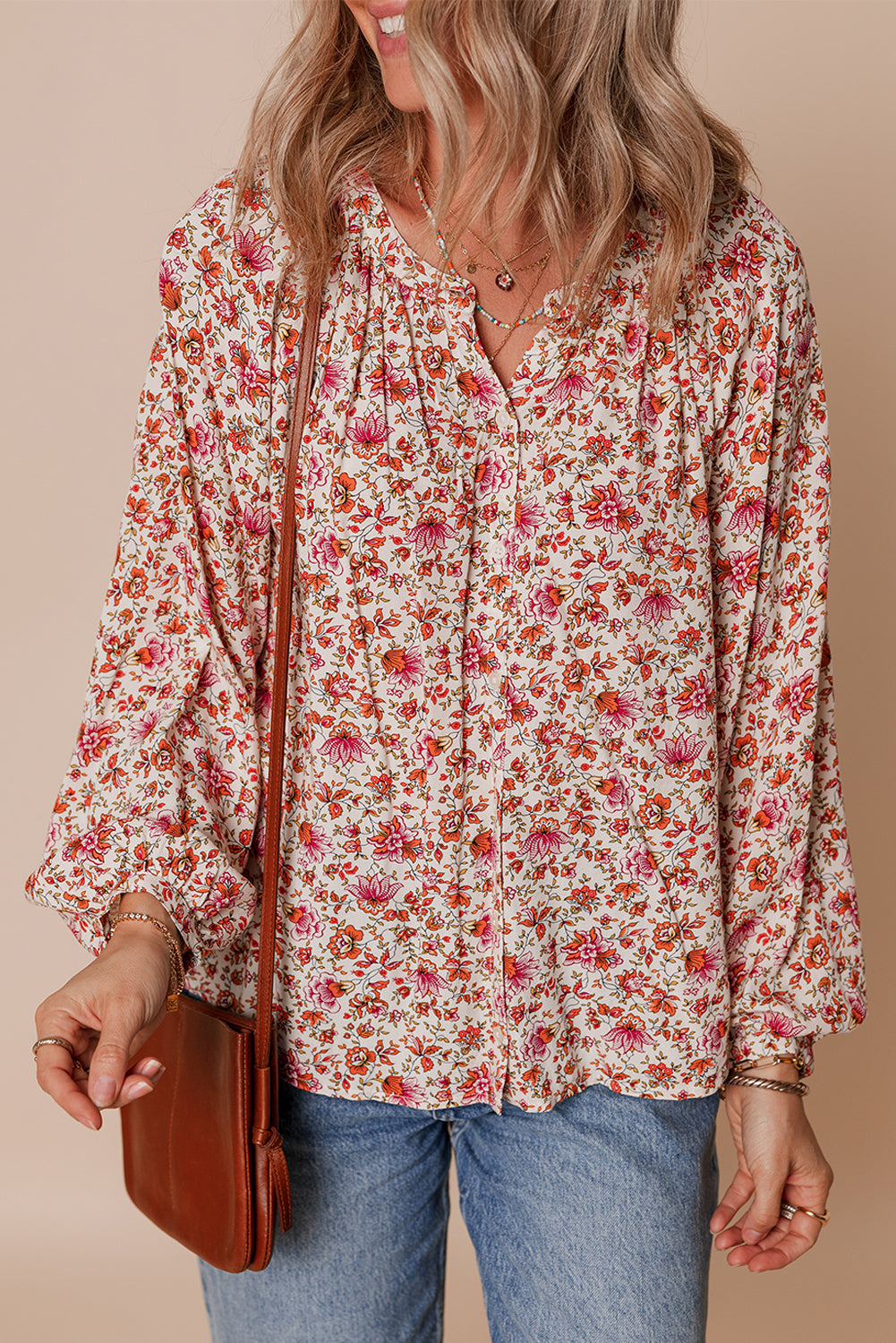 Red Floral Print Pleated Detail Notched Neck Puff Sleeve Blouse 🇺🇸