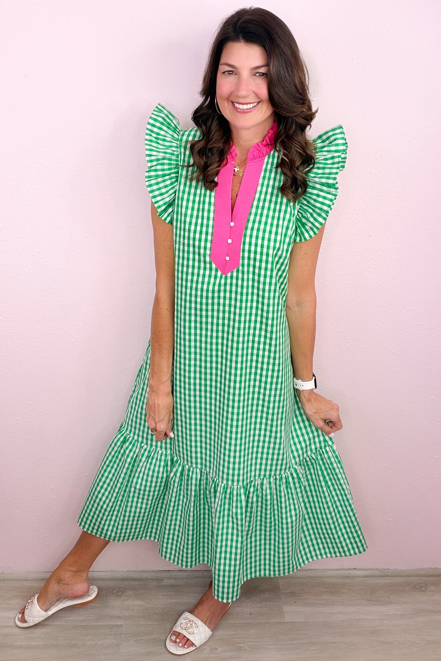 Bright Green Summer Color-Blocked Plaid Pattern Midi Dress 🇺🇸