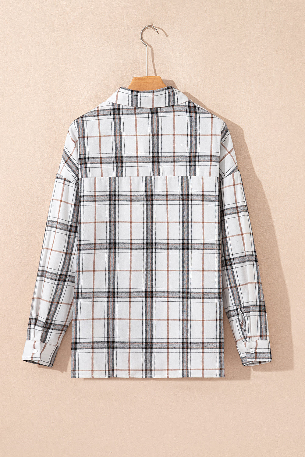 White Plaid Print Collared V Neck Loose Blouse with Side Slits 🇺🇸