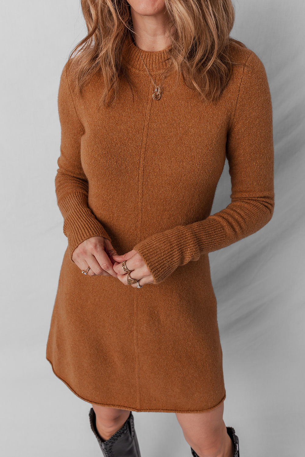 Straw Yellow Ribbed Detail Solid Color Mini Sweater Dress 🇺🇲
