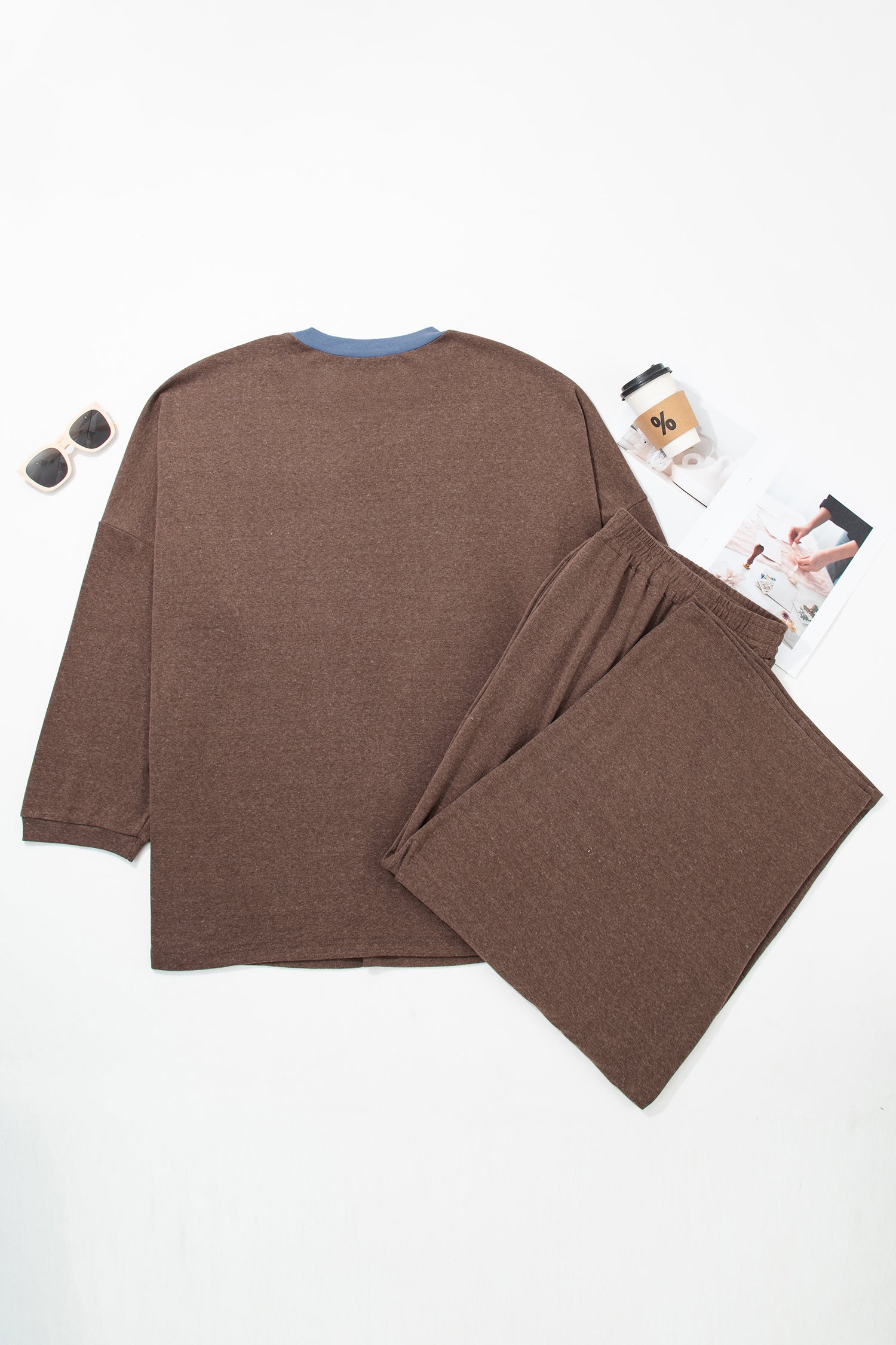 Dark Brown Long Sleeve Round Neck Patchwork Colorblock Plus Size Set  🇺🇸