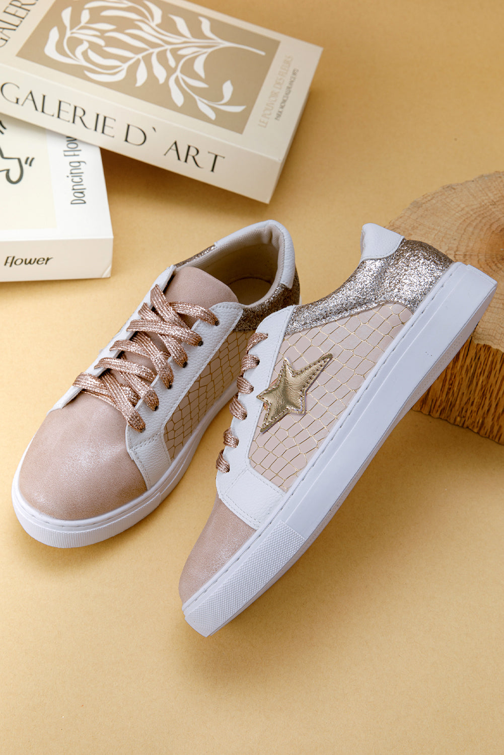 Gold Glitter Star Patchwork PU Leather Lace-up Sneakers 🇺🇸