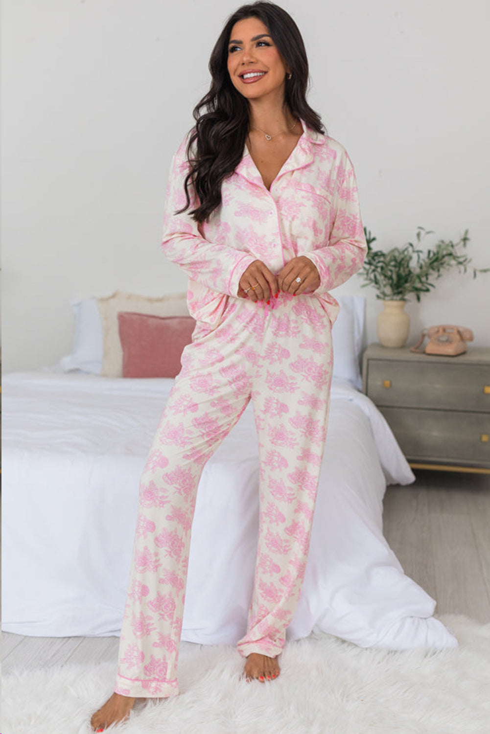 Pink Floral Long Sleeve and Pants Pajamas Set 🇺🇸