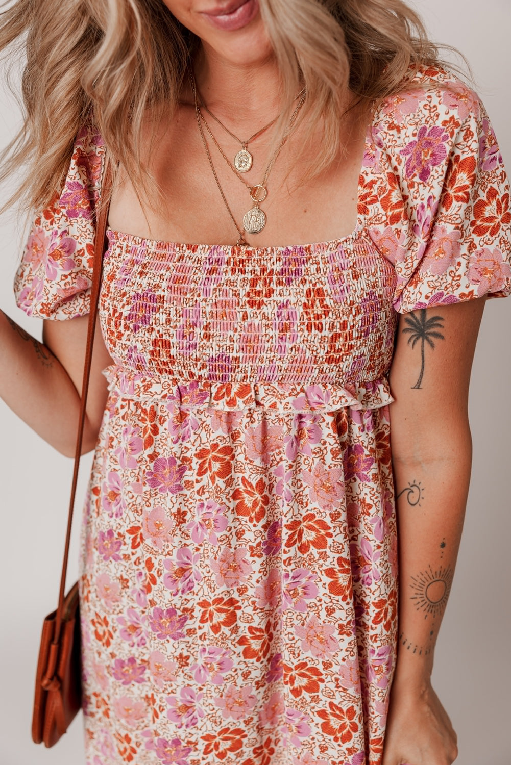 Pink Floral Square Neck Knotted Ruffle Midi Dress 🇨🇳