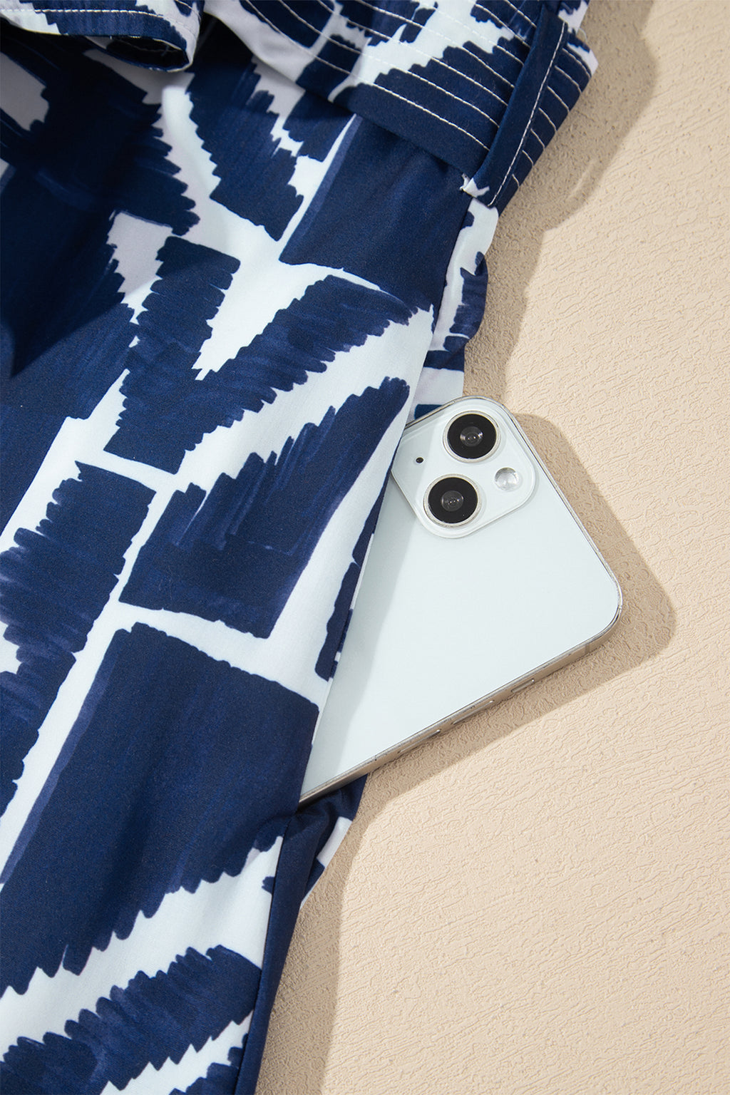 Blue Abstract Geometric Print Zip Front Tie Waist Shift Dress 🇺🇸
