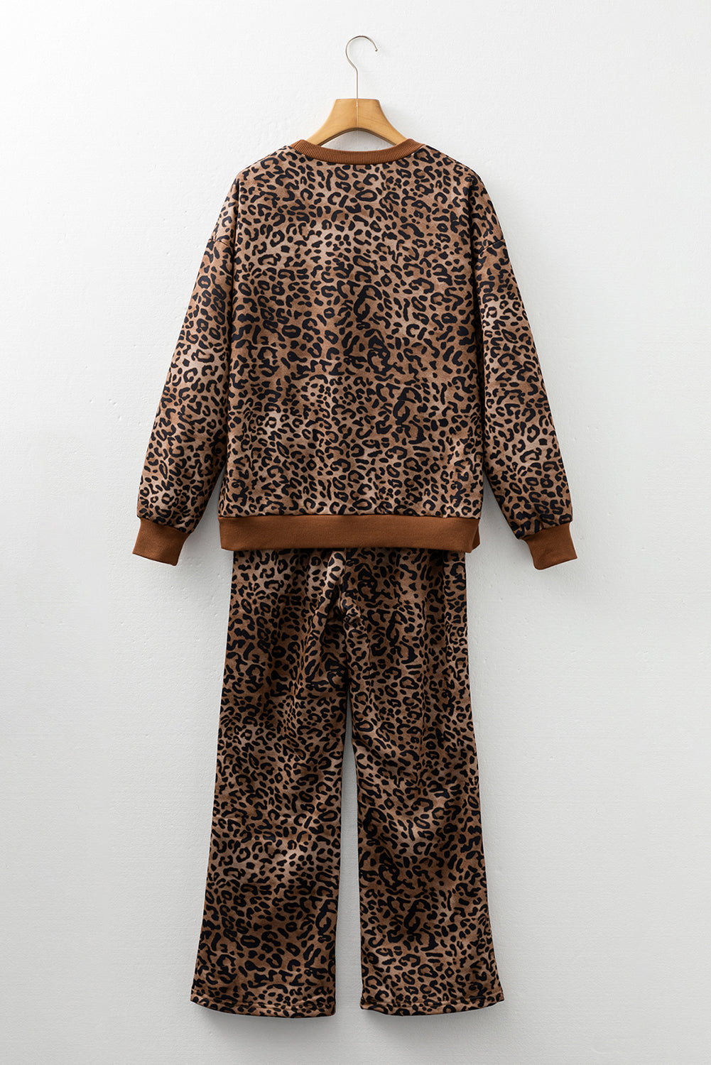 Coffee Leopard Print Contrast Trim Long Sleeve Top and Pants Set 🇺🇸