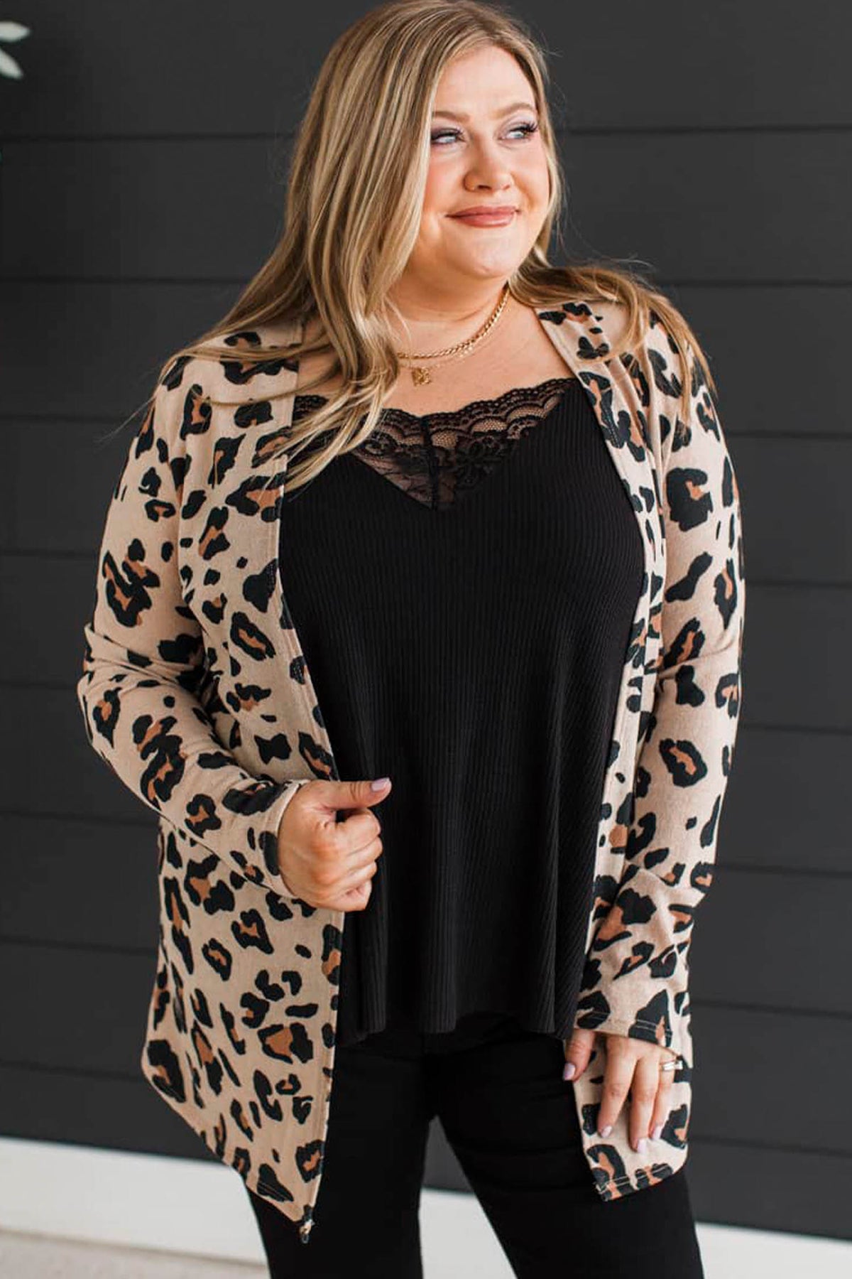 Khaki Leopard Print Long Sleeve V Neck Tunic Plus Size Cardigan 🇺🇸