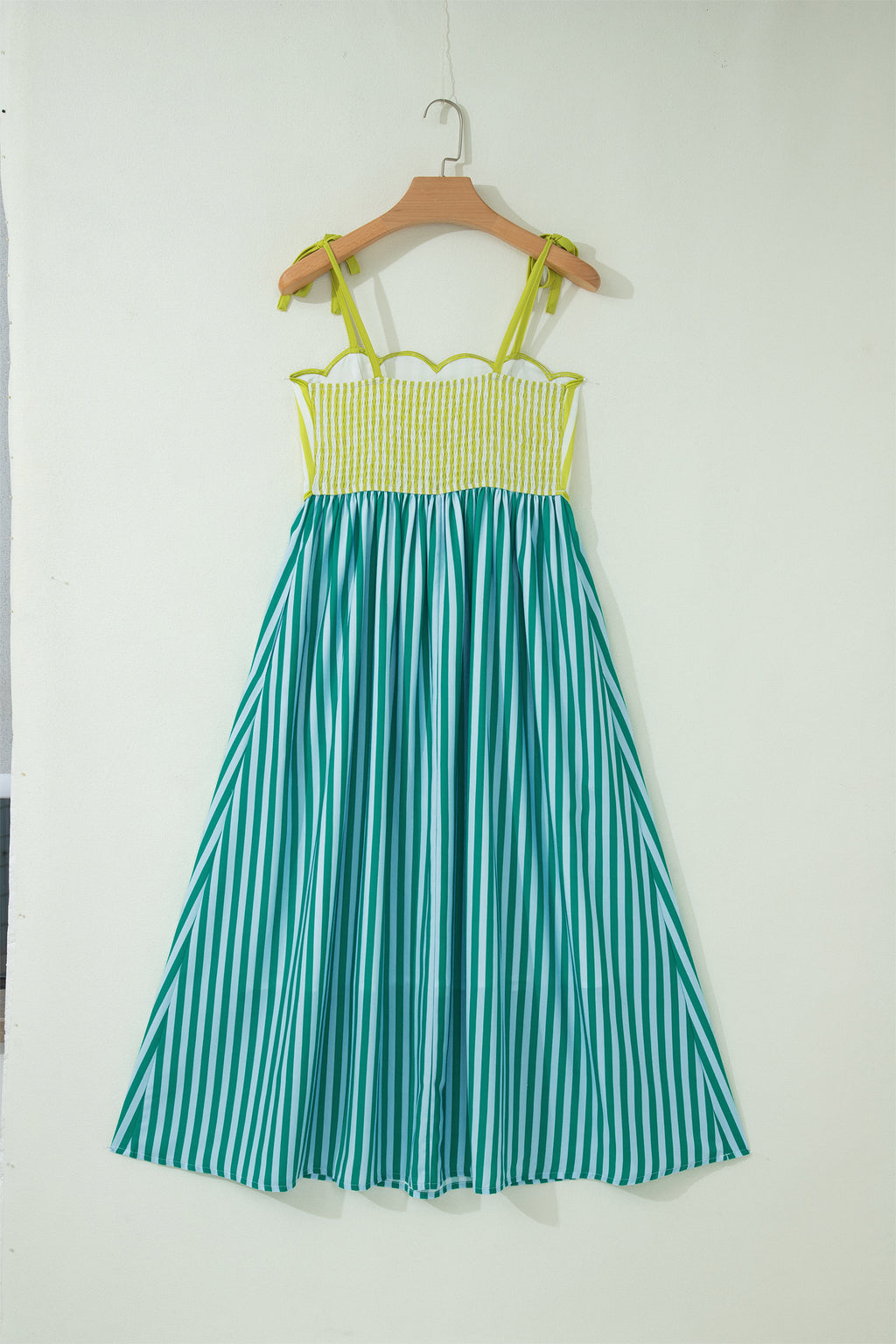 Green Stripe Scalloped Contrast Patchwork Knot Strap Midi Dress 🇺🇸