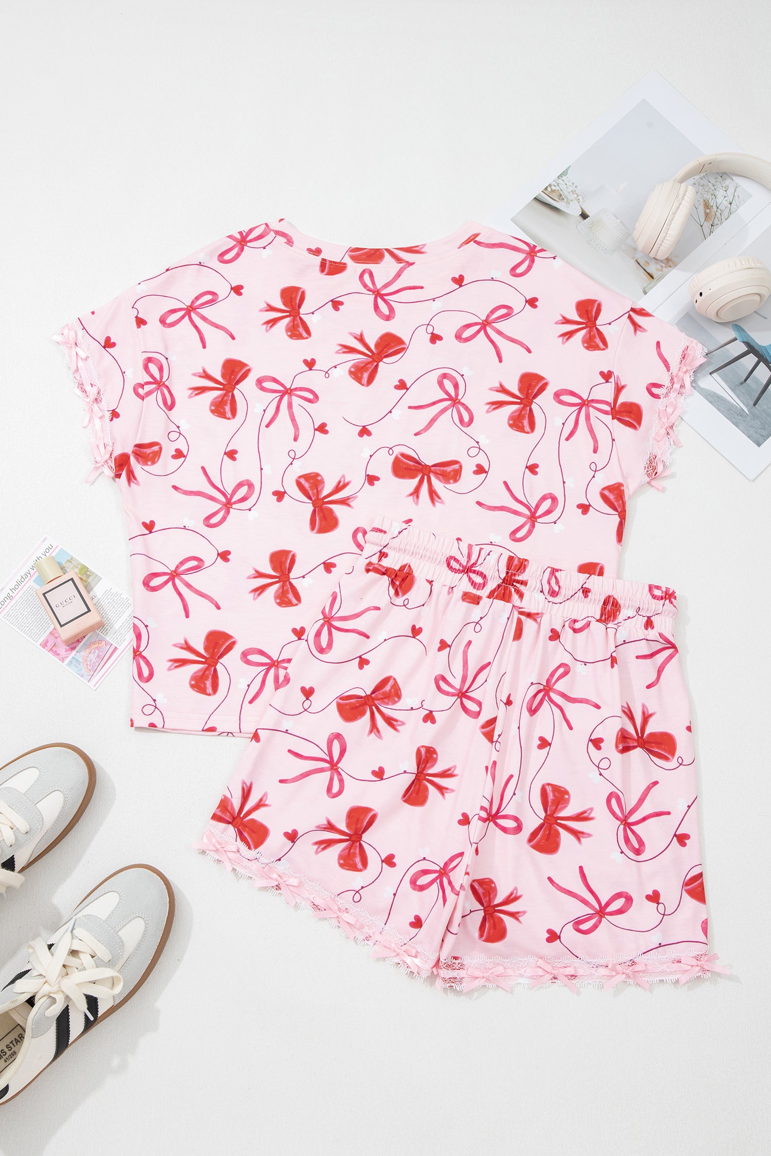 Red Romantic Bow Print Loose Tee Drawstring Shorts 2pcs Lounge Set 🇺🇸