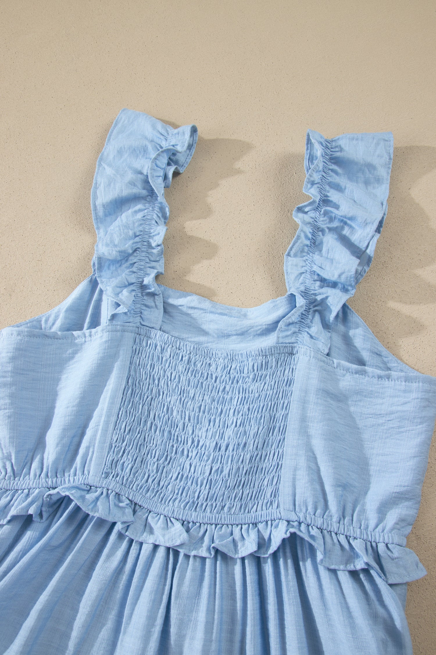 Beau Blue Solid Color Ruffle Trim High Waist Sleeveless Maxi Dress 🇺🇸