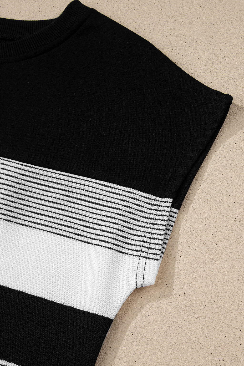Black Stripe Mixed Print Crew Neck Cap Sleeve T Shirt 🇺🇸