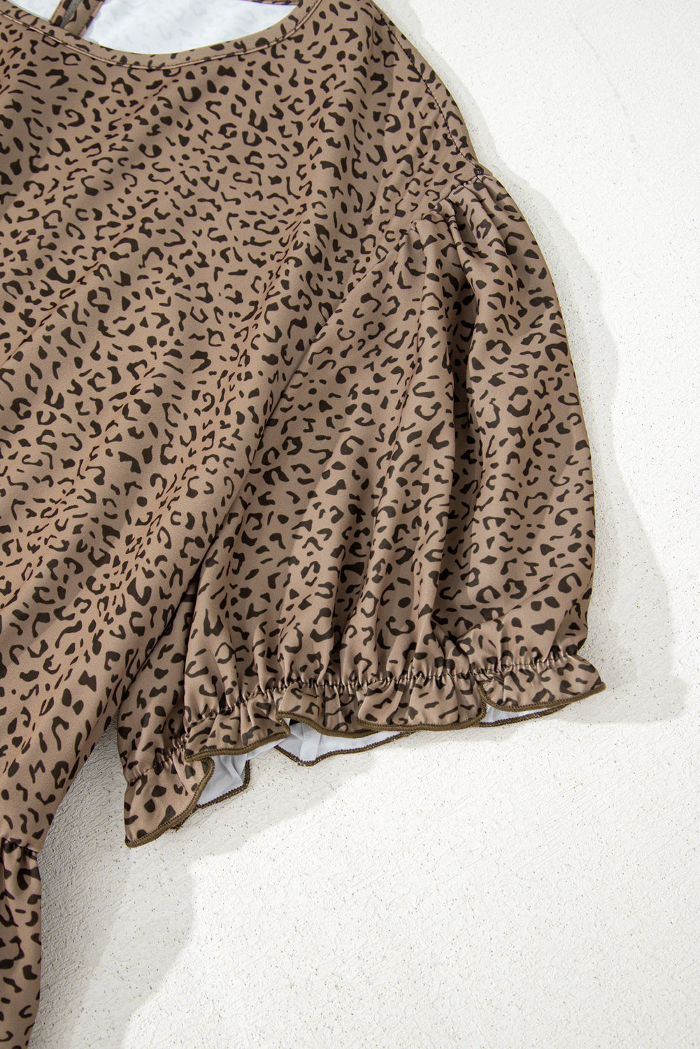 Brown Plus Size Leopard Print Frill Trim Short Sleeve Flared Dress 🇨🇳