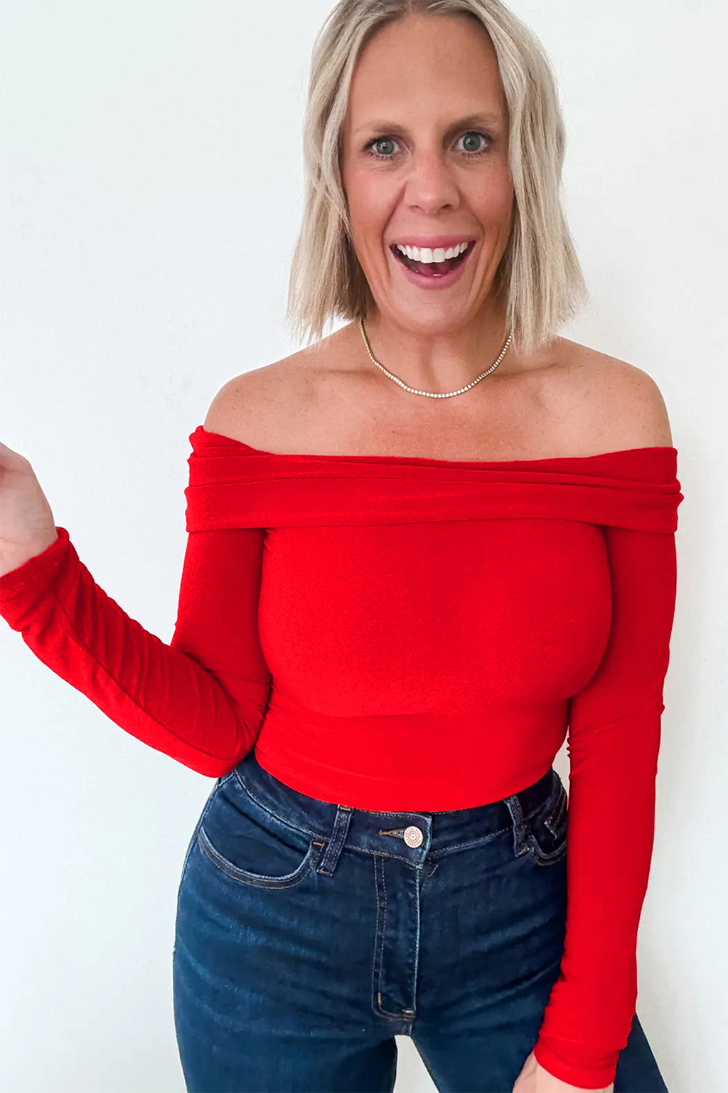 Fiery Red Foldover Off Shoulder Long Sleeve Slim Top 🇺🇸