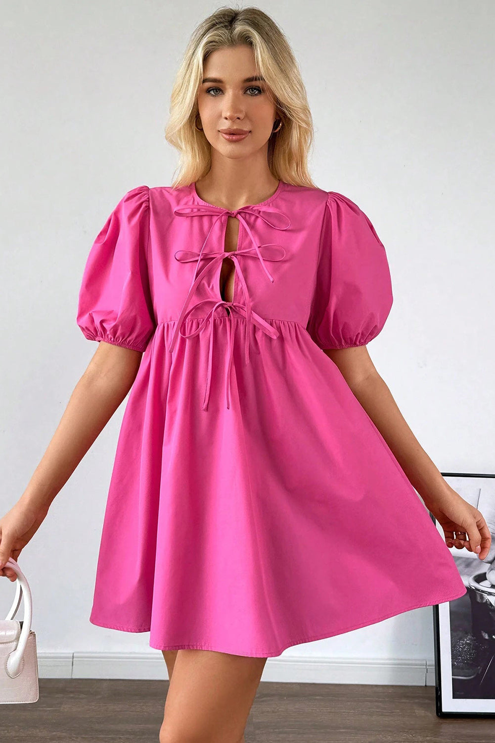 Bright Pink Solid Color Puff Sleeve Tie Front High Waist Mini Dress 🇺🇸