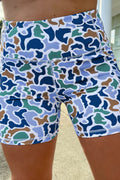 Blue Abstract Camo Printed Seam Detail Biker Shorts 🇺🇸