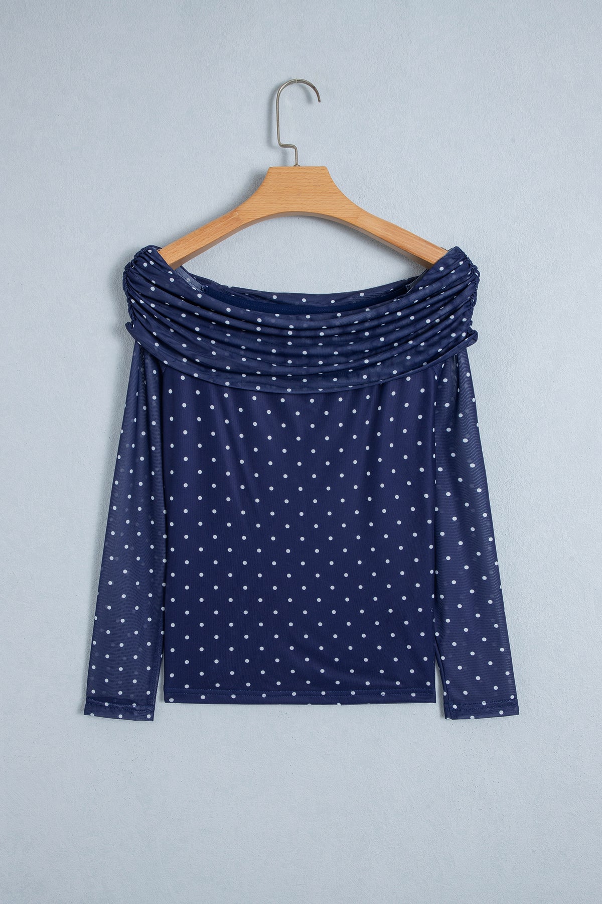 Blue Off Shoulder Polka Dot Mesh Long Sleeve Sheath Top 🇺🇸