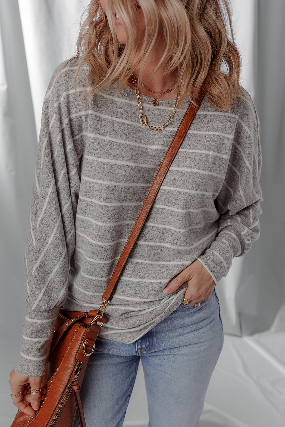 Gray Stripe Dolman Sleeve Drop Shoulder Top 🇺🇸