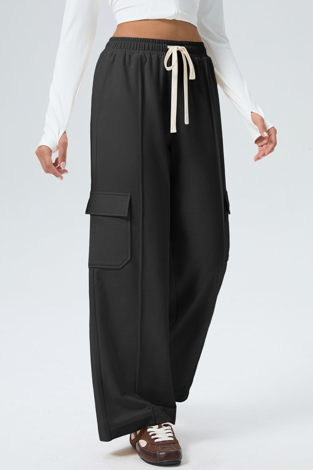 Black Solid Color Drawstring Elastic Waist Cargo Patch Pocket Active Pants 🇺🇸