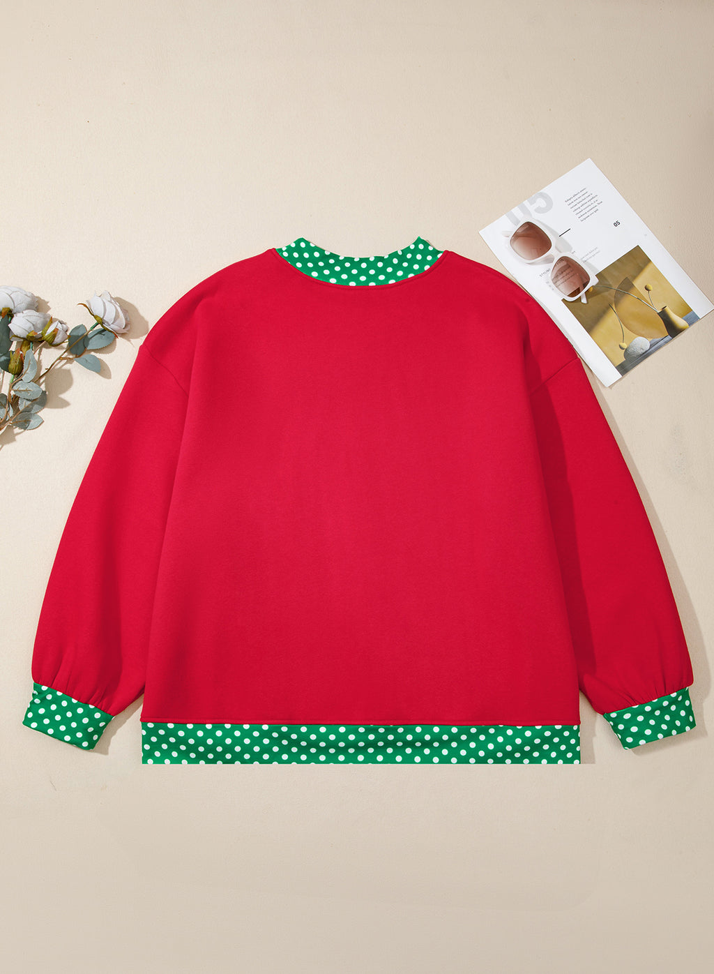 Red Polka Dot Patchwork Round Neck Plus Size Sweatshirt 🇺🇸