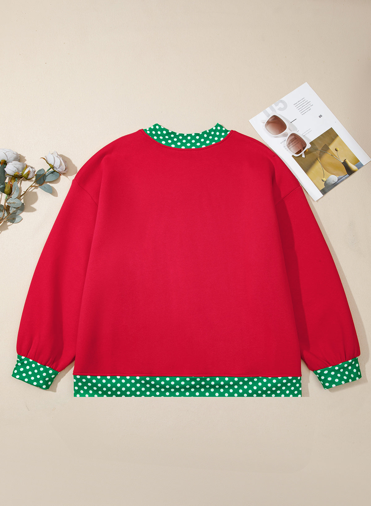 Red Polka Dot Patchwork Round Neck Plus Size Sweatshirt 🇺🇸