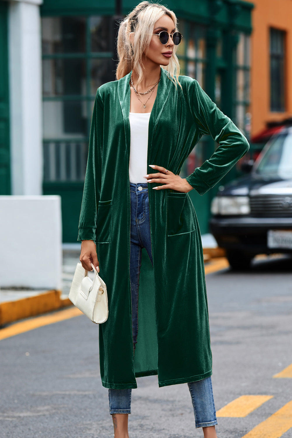 Green Velvet Open Front Pocketed Long Duster 🇨🇳