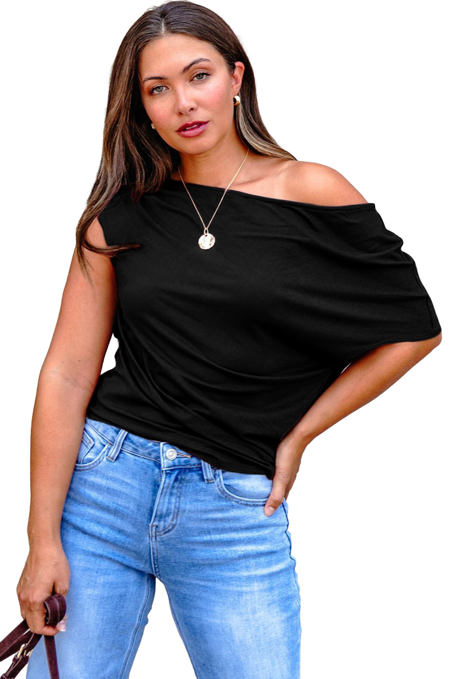 Black Plus Size Solid Color Asymmetric Neck Short Sleeve Blouse 🇺🇸