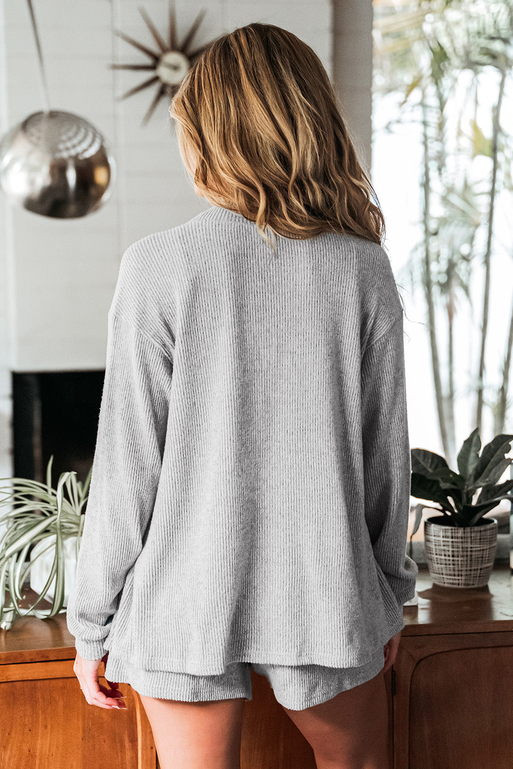 Light Grey 3 Pieces Rib Crop Camisole Matching Shorts Lounge Set with Cardigan 🇺🇸