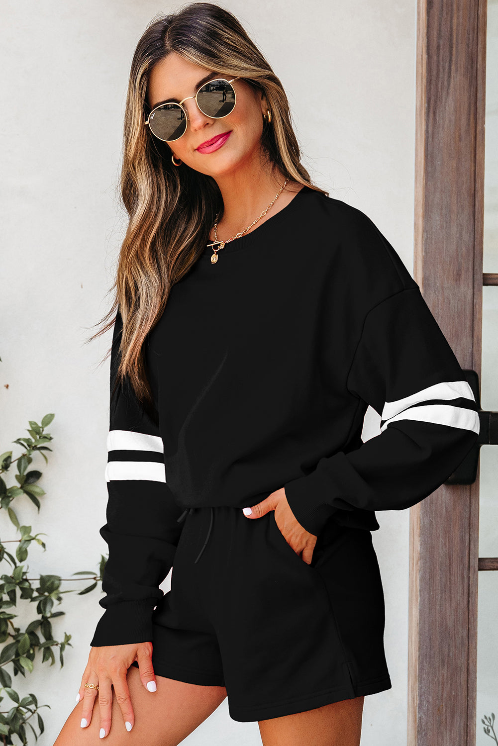 Black Varsity Striped Sleeve Drop Shoulder Sweatshirt and Short Set 🇺🇲