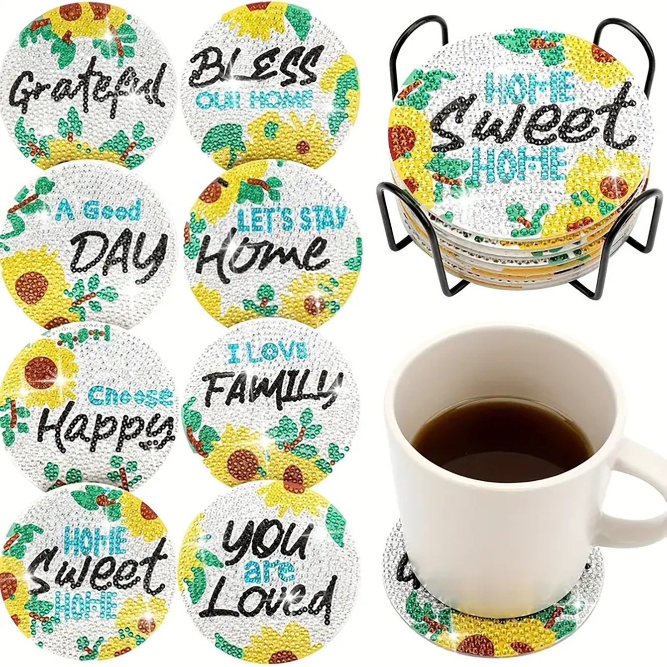 Diamond Art Drawing Coaster With Bracket, DIY Floral Pattern Diamond Art Coaster, Suitable For Adults And Beginners  🇨🇳