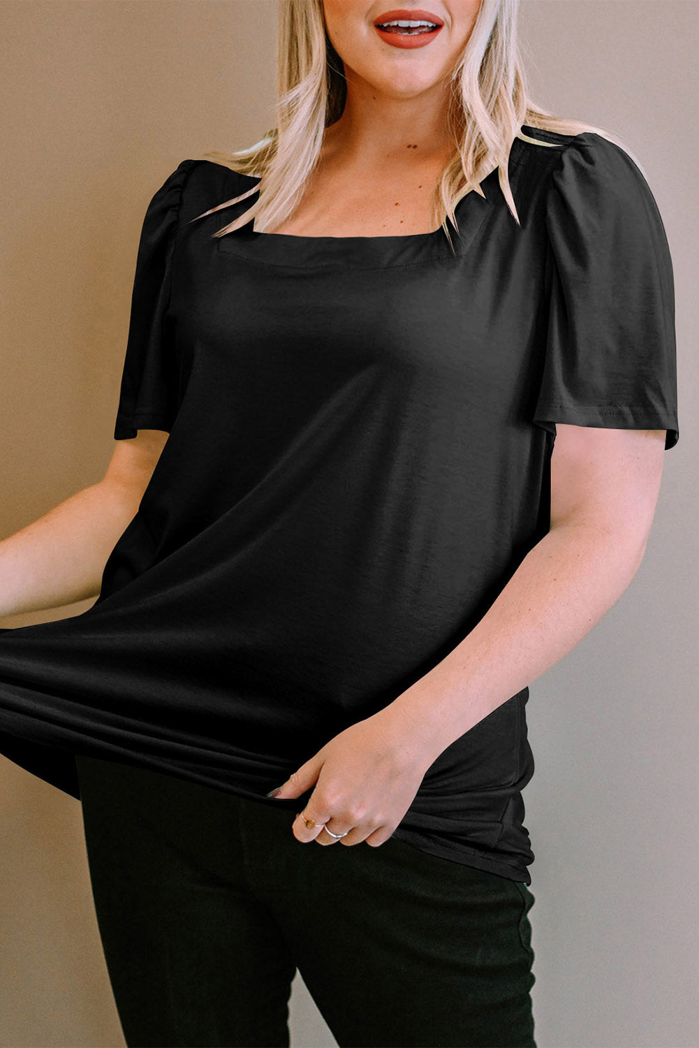 Black Plus Size Square Neck Ruched Shoulder Short Sleeve Top 🇺🇸