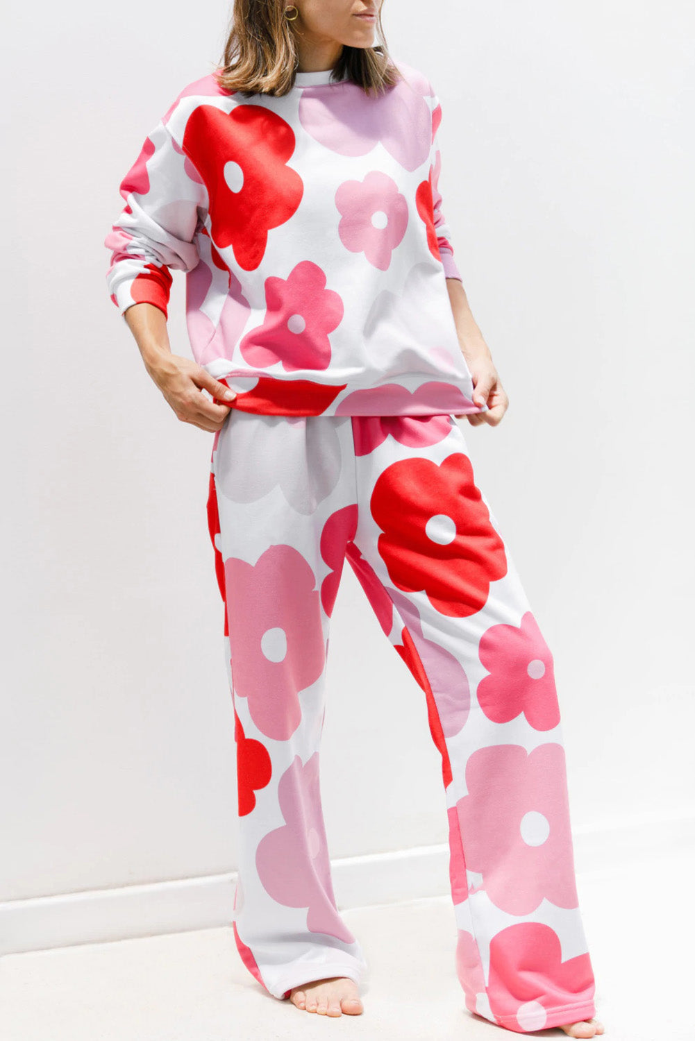 White Floral Print Pullover Top Sweatpants Lounge Set 🇨🇳