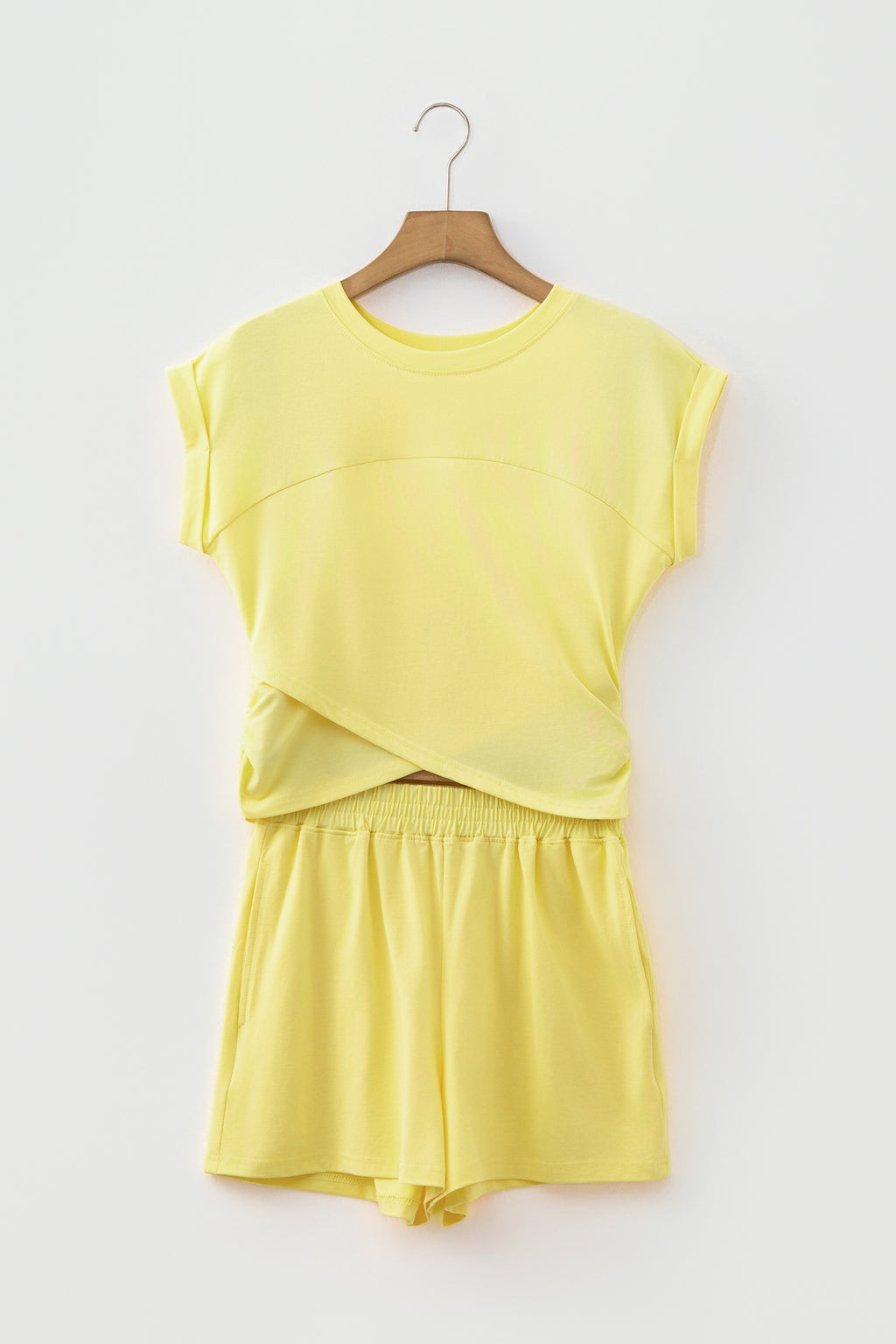 Mist Blue Solid Short Sleeve Elastic Waist Pocket Casual Two Piece Short Set 🇺🇸
