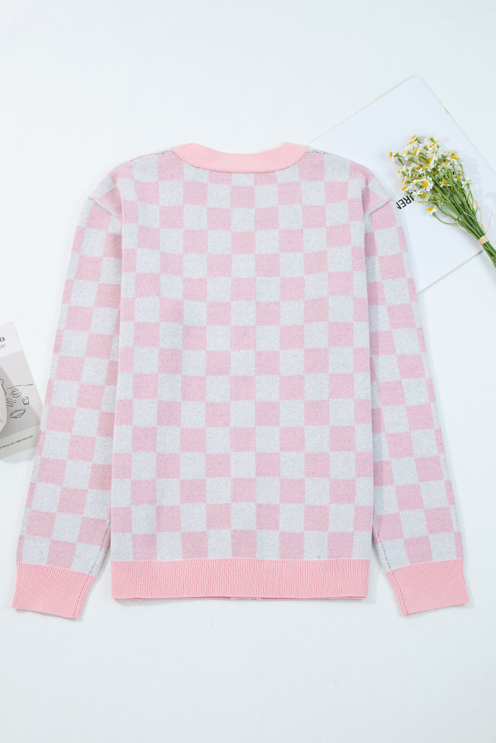 Pink Checkered Christmas Tree Pattern Button V Neck Cardigan Sweater 🇺🇸