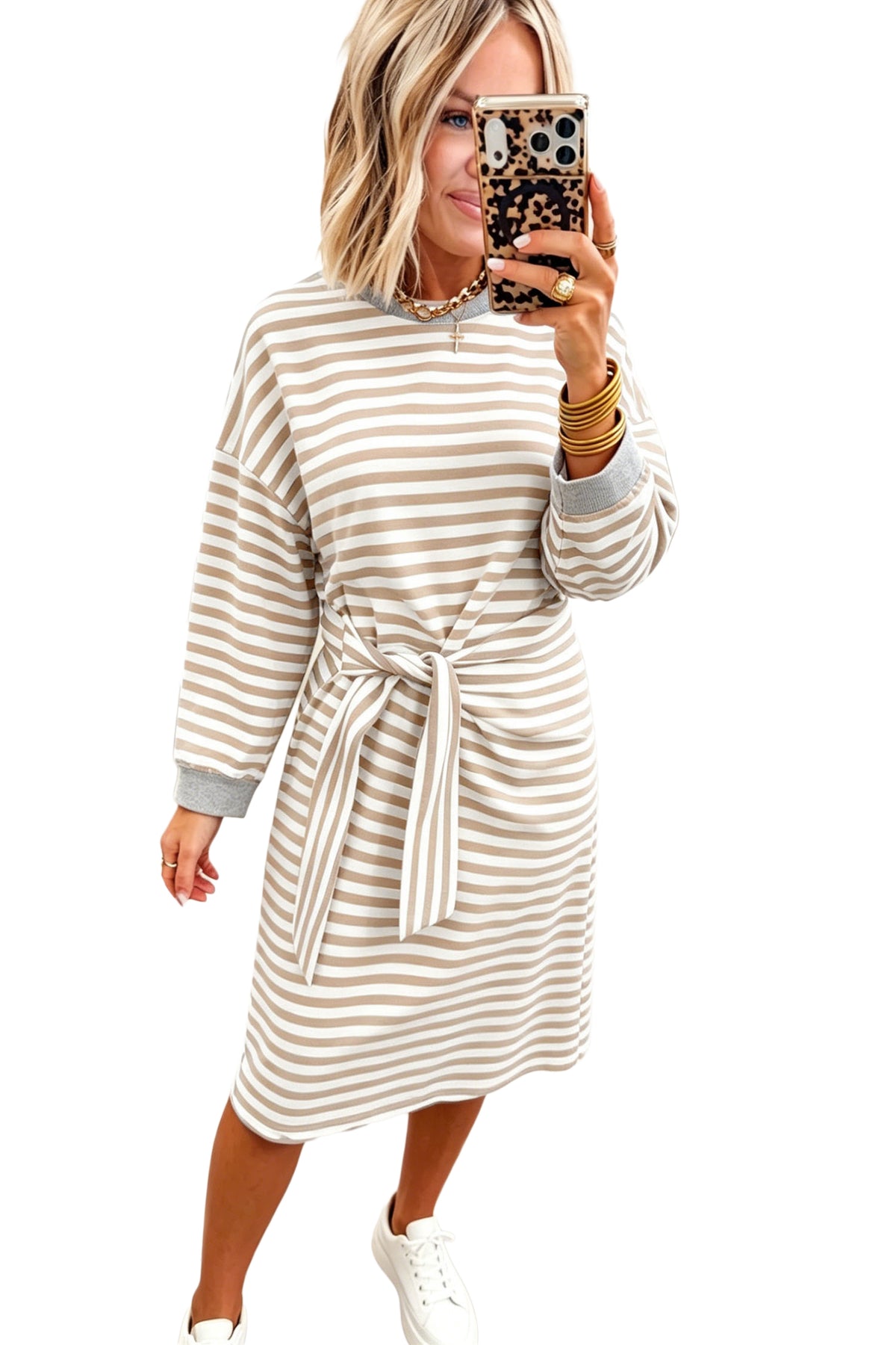 Khaki Stripe Striped Colorblock Cuffs Round Neck Long Sleeve Shift Dress 🇺🇸
