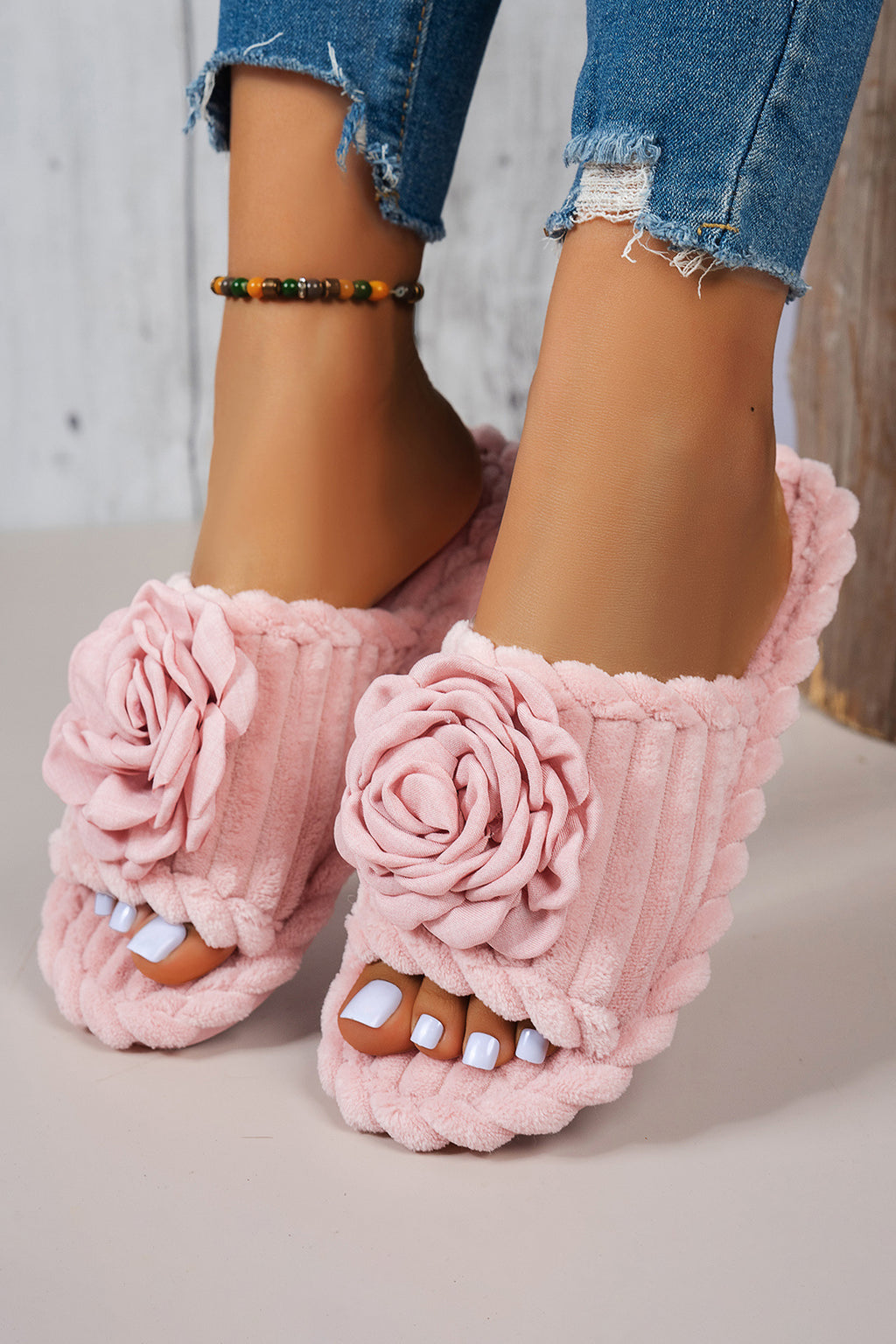 Pink Solid Color 3D Flower Accent Corded Ribbed Open Toe Slippers 🇺🇸