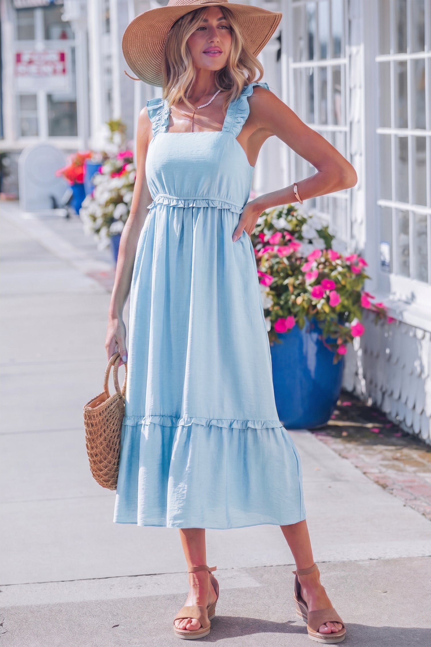 Beau Blue Solid Color Ruffle Trim High Waist Sleeveless Maxi Dress 🇺🇸