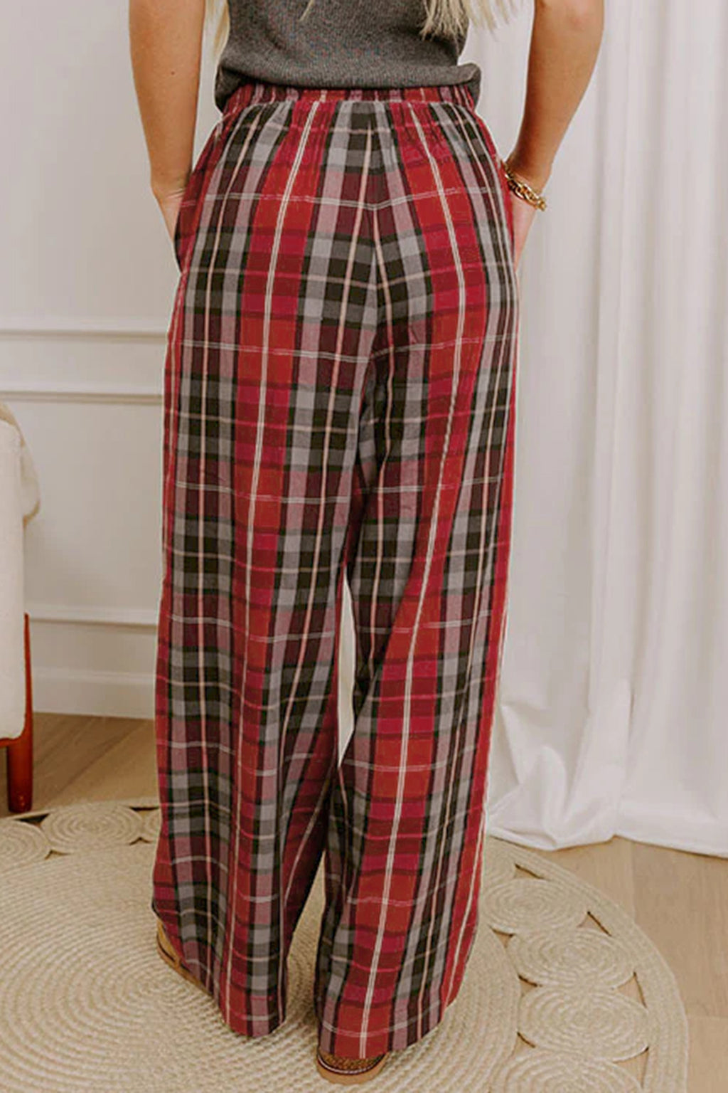 Red Plaid Elastic Waist Pocket Regular Full-Length Pants 🇺🇸