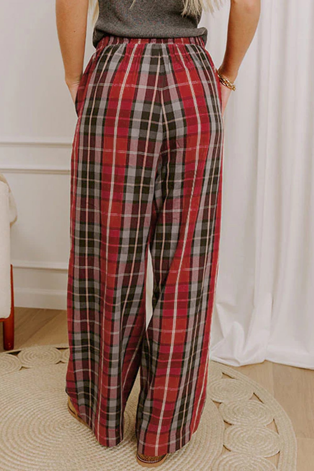 Red Plaid Elastic Waist Pocket Regular Full-Length Pants 🇺🇸